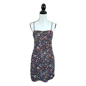 Vintage 90s Y2K Up Front Floral Mini Dress Black Spaghetti Strap Fairy Grunge M
